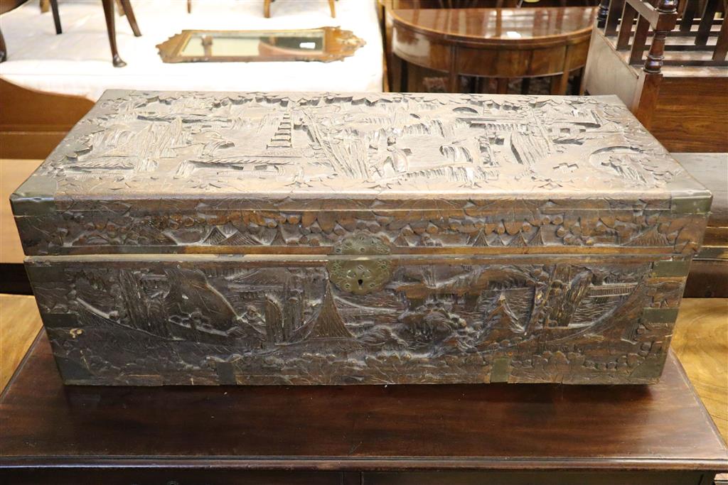 A small Chinese carved camphorwood chest, width 80cm, depth 36cm, height 30cm